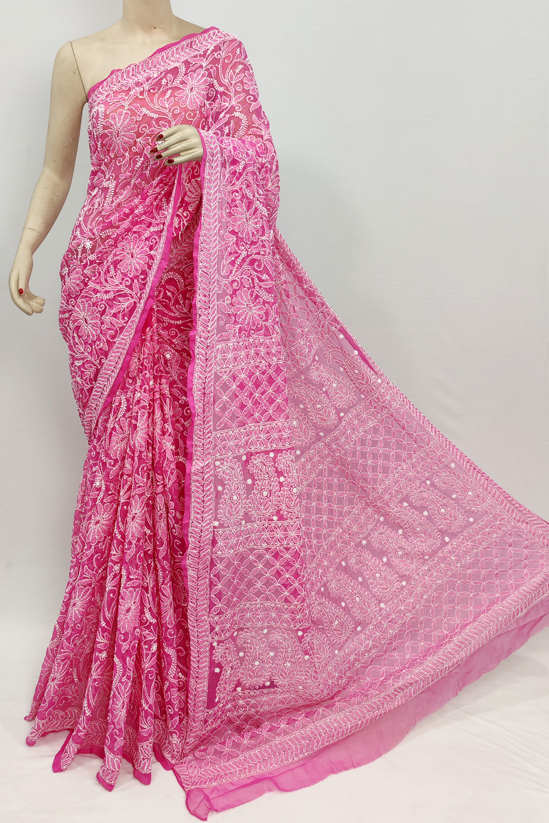 Magenta Colour Georgette Lucknowi Chikankari Saree With Blouse Mc253055