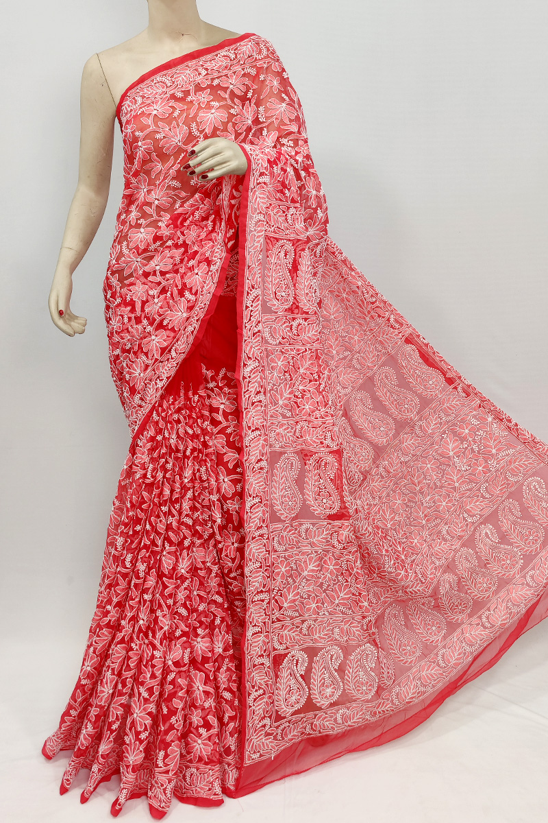 Red Colour Georgette Allover Lucknowi Chikankari Saree With Blouse MC253057