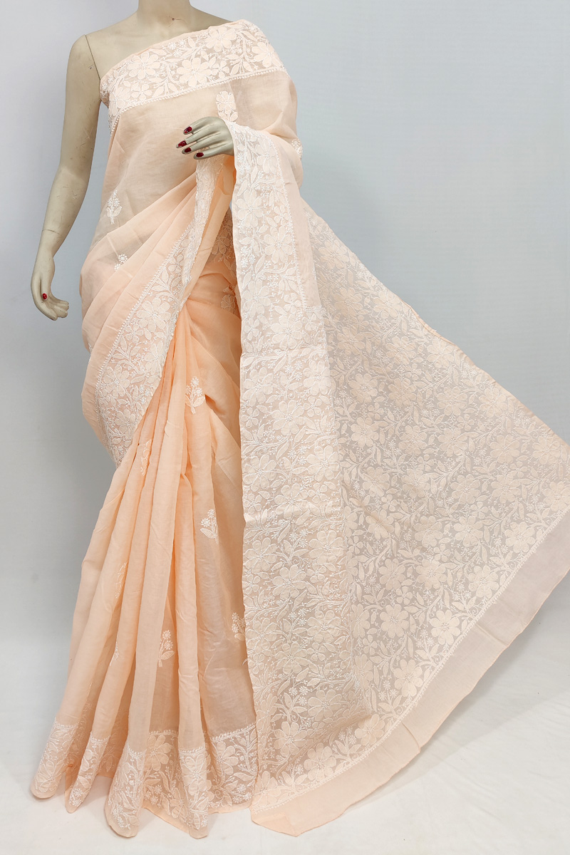 Light Orange Colour Cotton Hand Embroiderd Chikankari Saree With Blouse Mc253058