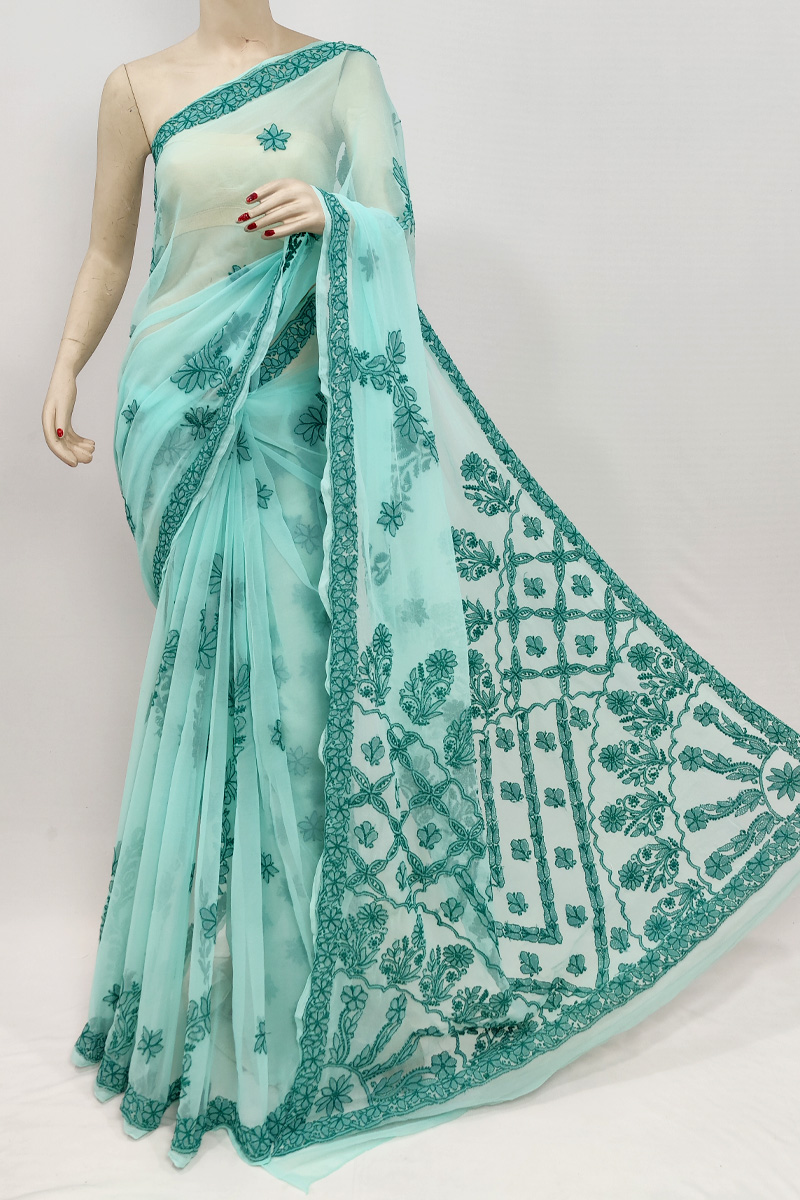 Green Colour Georgette Lucknowi Chikankari Saree With Blouse Mc253059