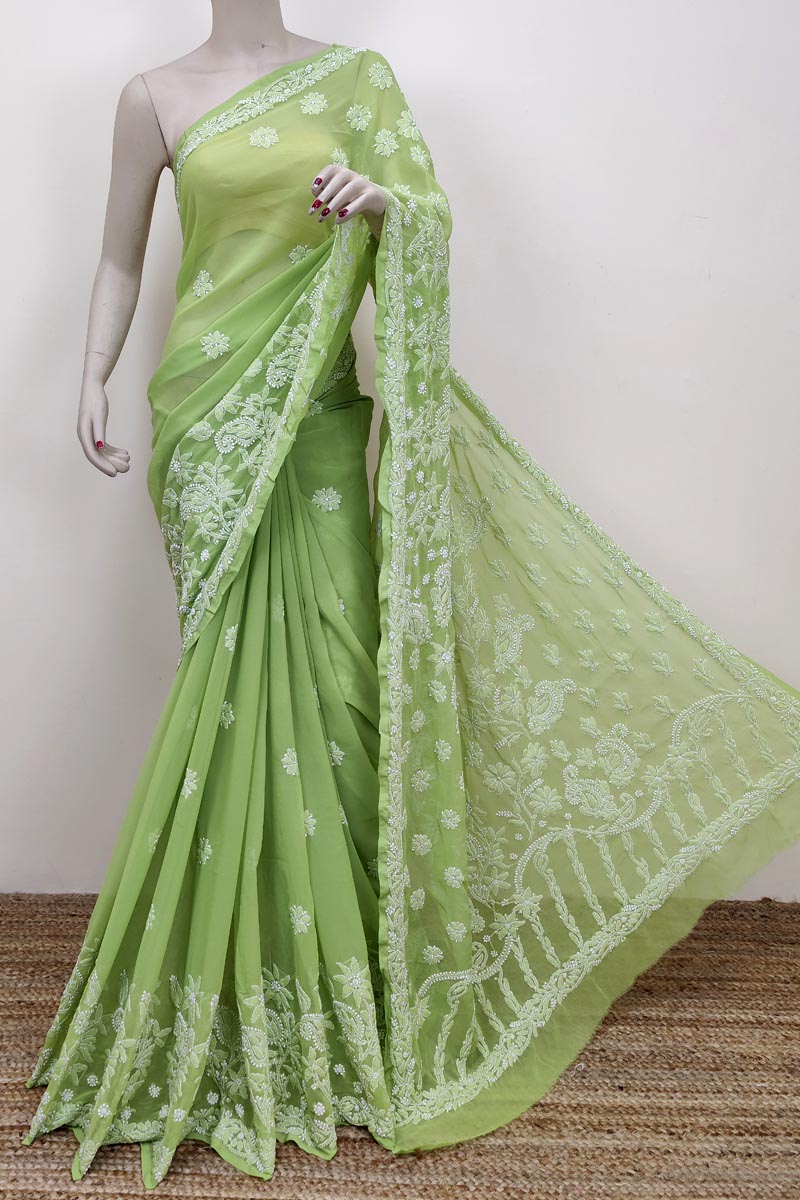 Green Color Hand Embroidered Lucknowi Chikankari Saree (With Blouse - Georgette) MC252553