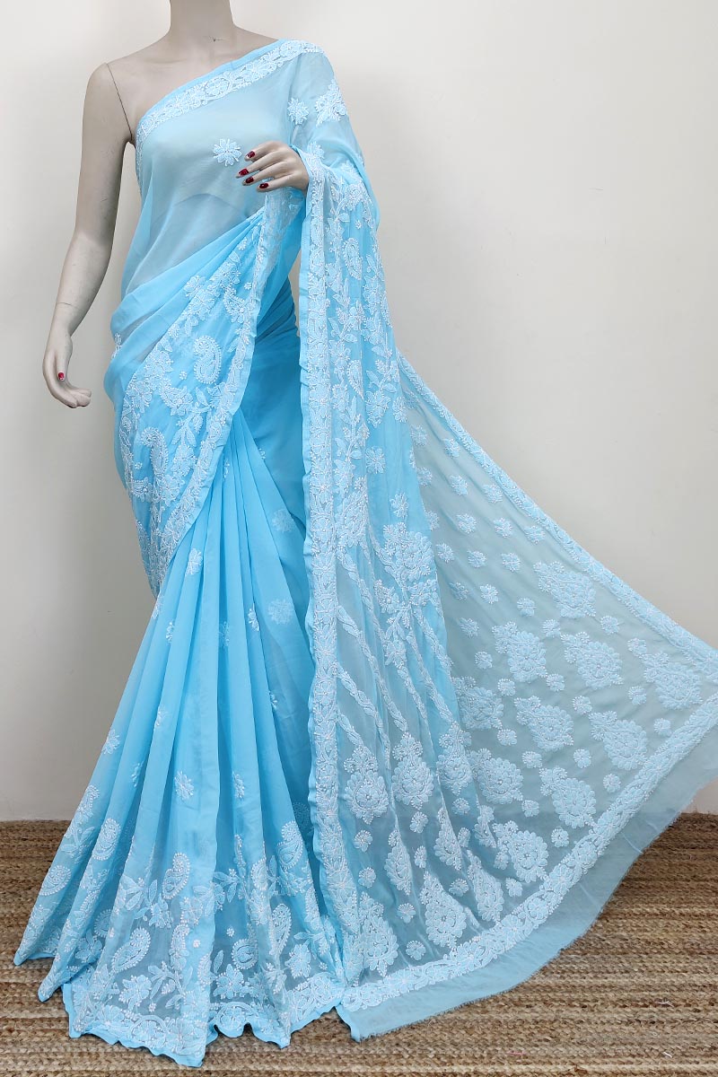 Blue Color Hand Embroidered Lucknowi Chikankari Saree (With Blouse - Georgette) MC252554