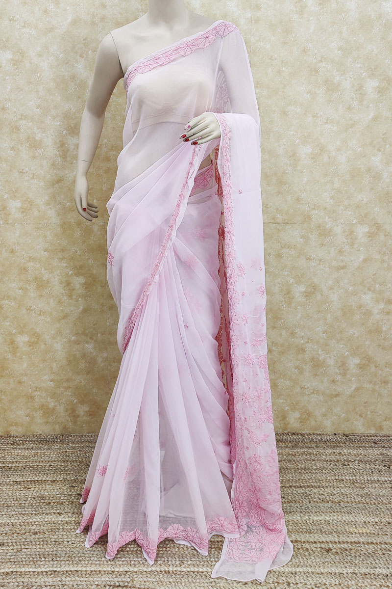 Light Pink Tissue Organza Saree Embellished with Mirrors and Designer Blouse |Saree-Diademstore.com