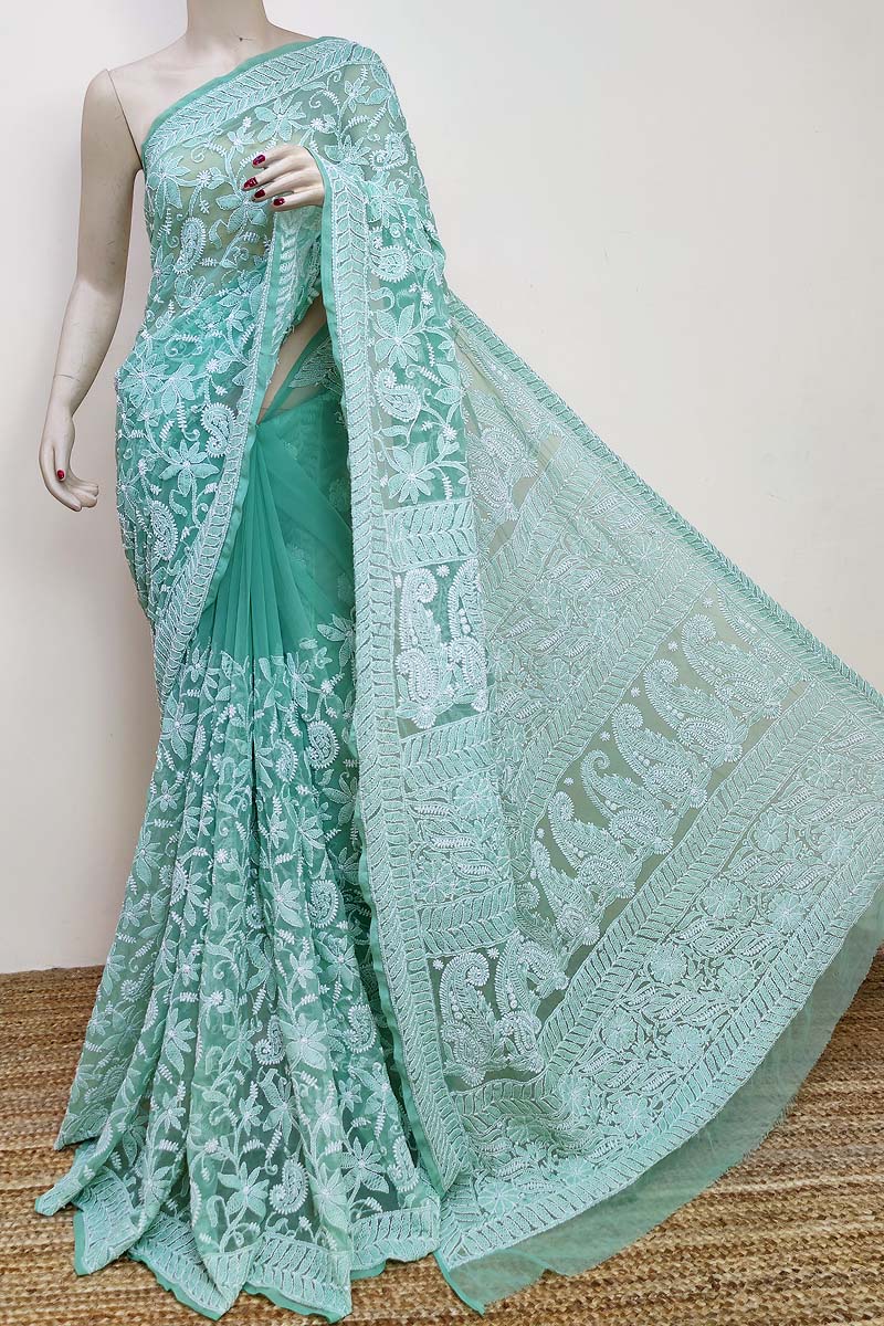 Green Color Allover Hand Embroidered Lucknowi Chikankari Saree (With Blouse - Georgette) MC252905