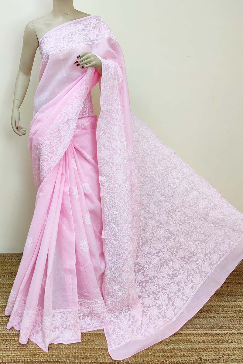 Pink Color Hand Embroidered Cotton Lucknowi Chikankari Saree (with Blouse) MC252907