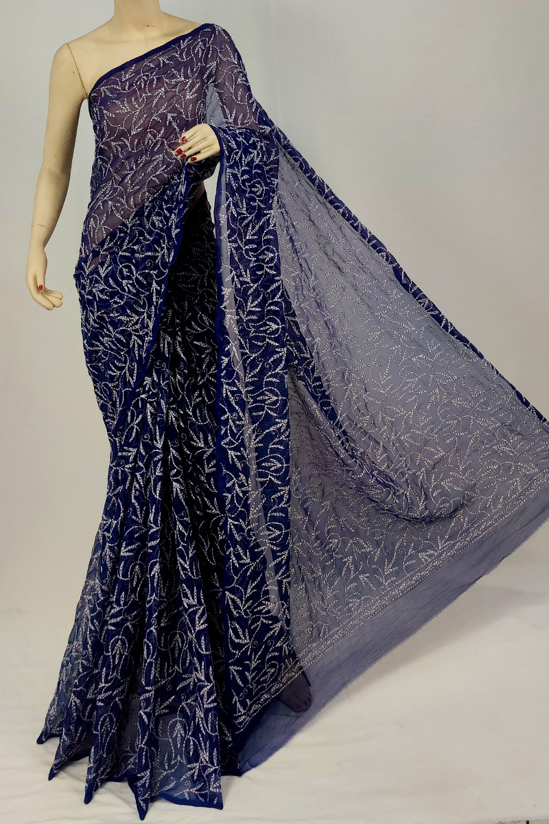 Navy Blue Color Georgette Allover Tepchi Lucknowi Chikankari Saree With Blouse MC253323