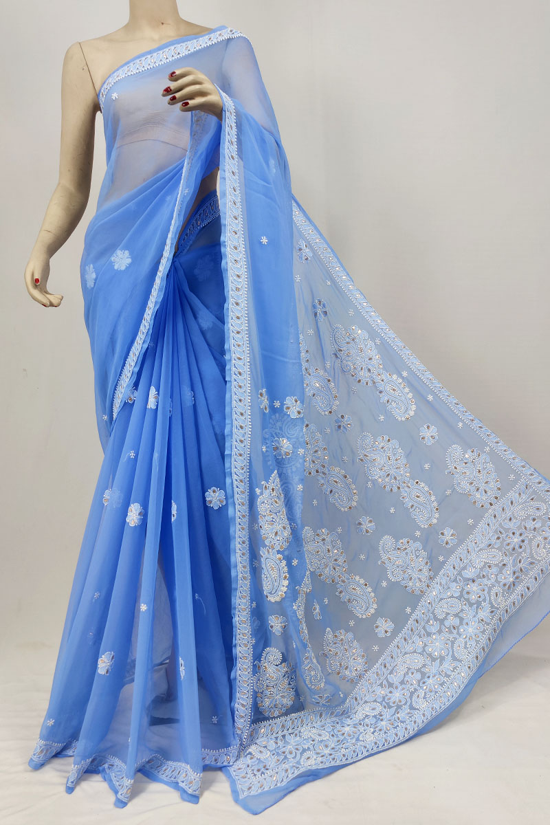 Blue Color Georgette GotaPatti Work Lucknowi Chikankari Saree With Blouse MC253324