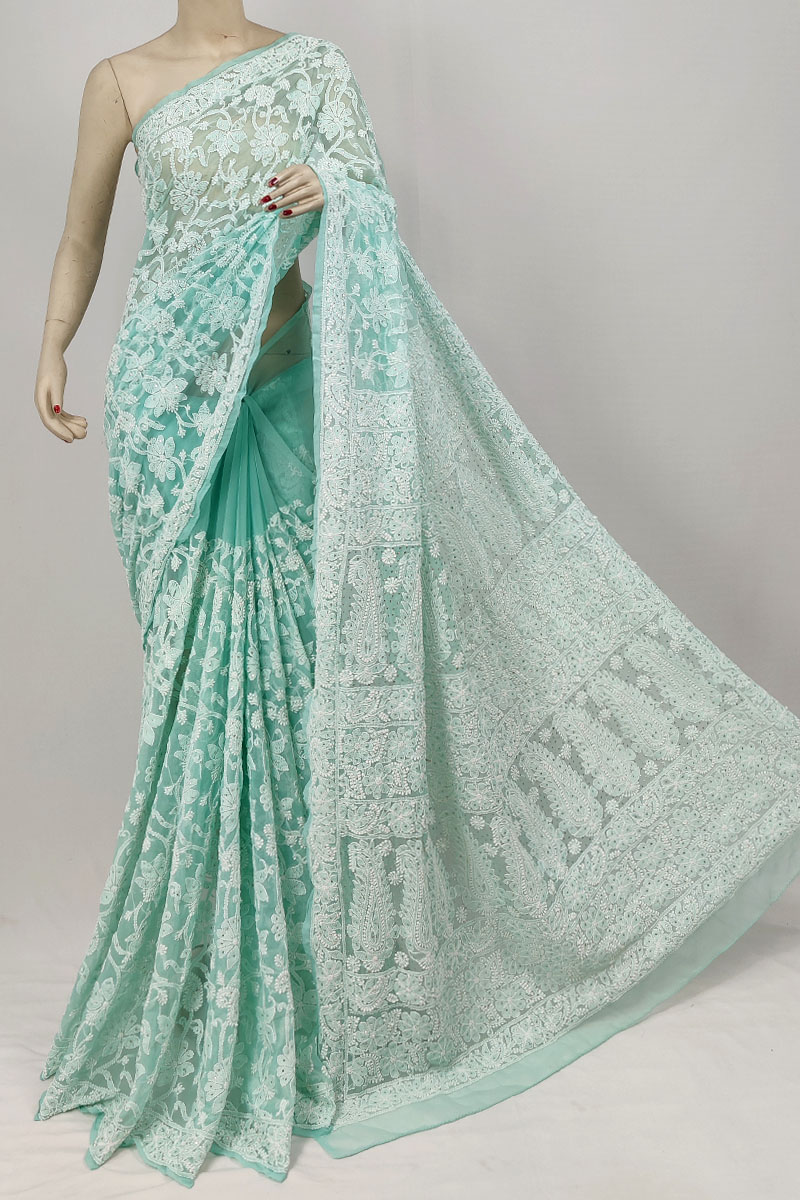 Sea Green Color Georgette Allover With Mukaish Work Lucknowi Chikankari Saree With Blouse MC253325