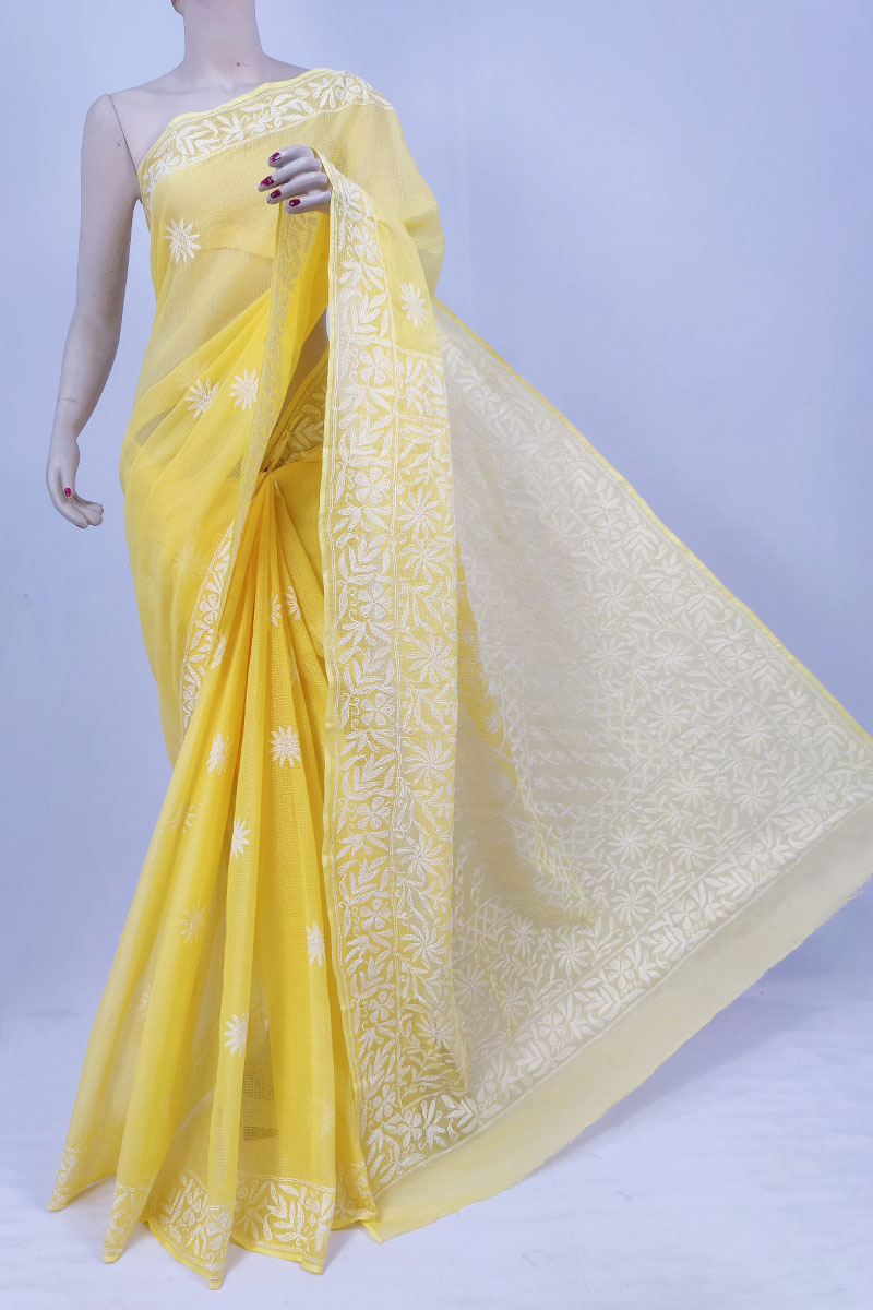 Yellow Colour Kota Cotton Lucknowi Chikankari Saree With Blouse MC253326