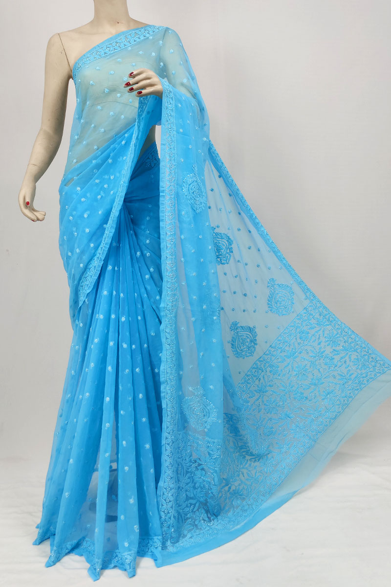 Sky Blue Georgette Lucknowi Chikankari Saree With Blouse MC253327