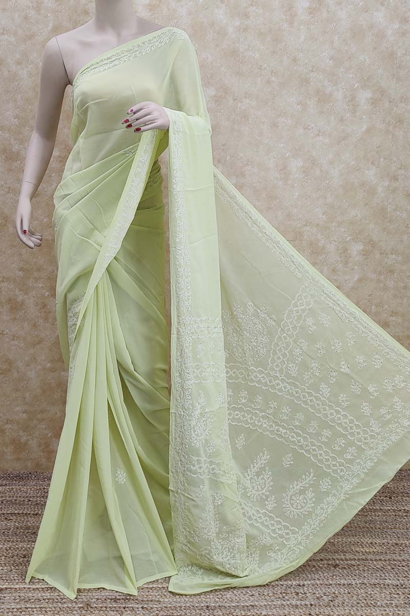 Green Color Hand Embroidered Mukaish Work Lucknowi Chikankari Saree (Without Blouse - georgette) MC251669