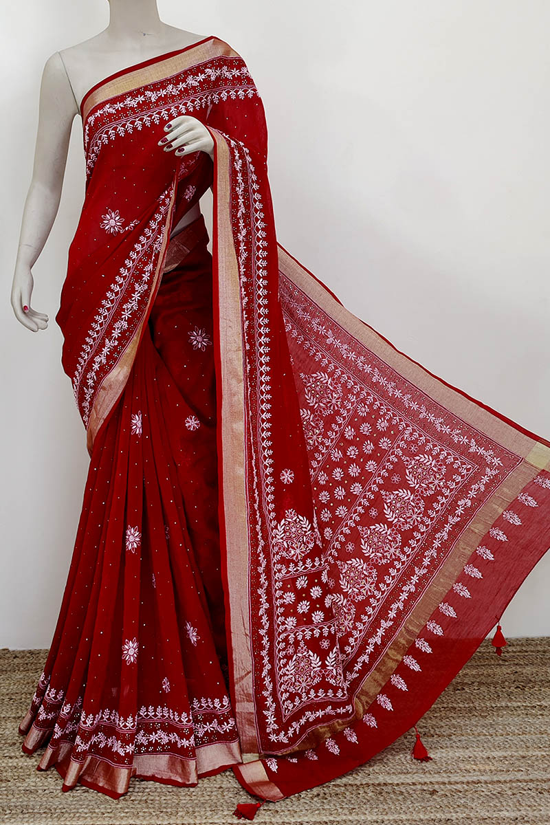 Red Color Pure Chanderi Cotton Chikankari saree with Mukaish work (with blouse) MC252262