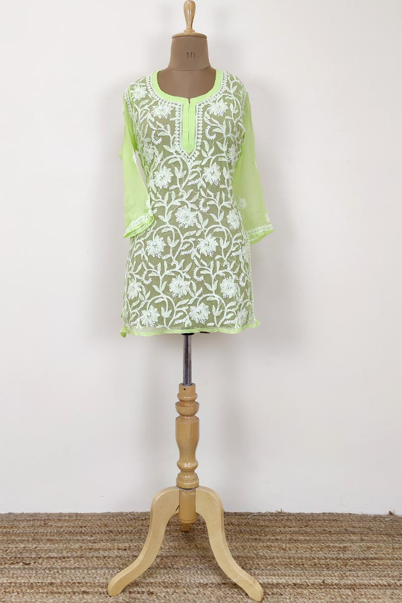 Lime Green Color Hand Embroidered Lucknowi Chikankari long kurti (Georgette) MC252460