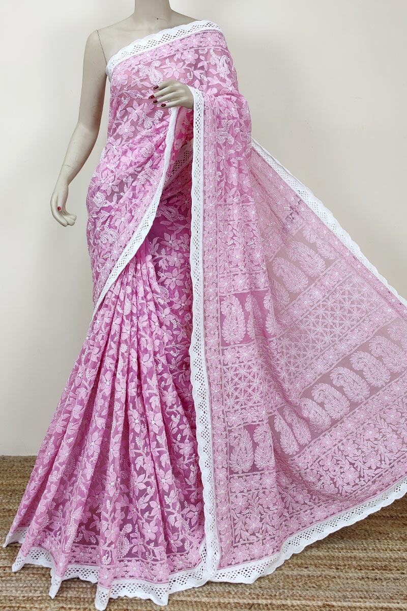 Pink Colour Georgette Lucknowi Chikankari Saree (with Blouse) Mc252782