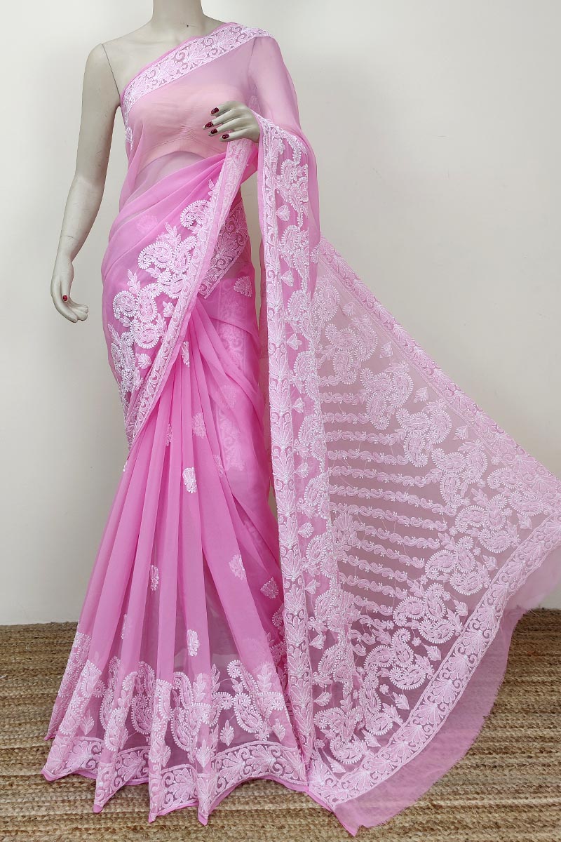 Pink Colour Georgette Lucknowi Chikankari Tepchi Saree (with Blouse) Mc252786