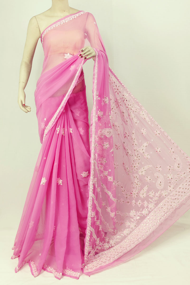 Pink Georgette Designer Lucknowi Chikankari Saree With Blouse With Gotapatti Work MC253287