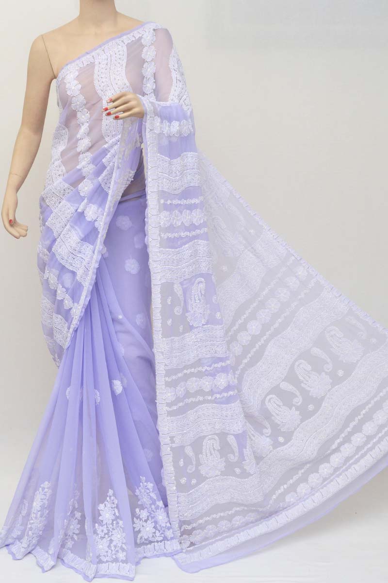 GEORGETTE CHIKANKARI SAREES Lavender Handmade Chikan Saree Indian Lucknowi  Hand Embroidered Sari Indian Traditional Wear Saree Blouse -  Canada