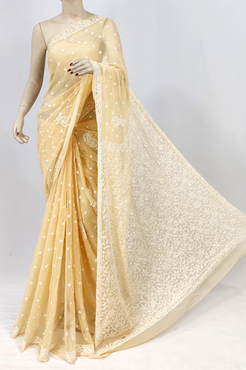 Beige Colour Georgette Allover Booti Jaal Chikankari Saree With Blouse Vendor Akarshan Chikan Price /- Mc253108