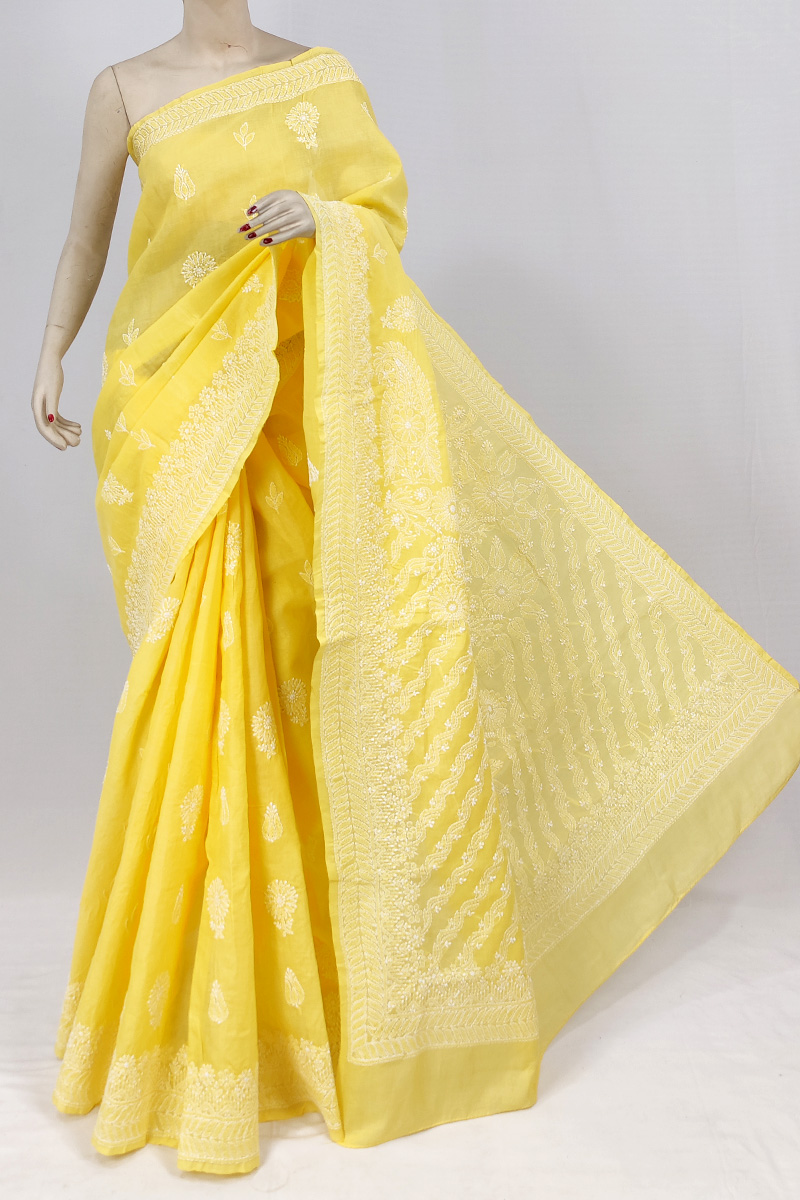 Yellow Colour Cotton Lucknowi Chikankari Saree With Blouse MC253109