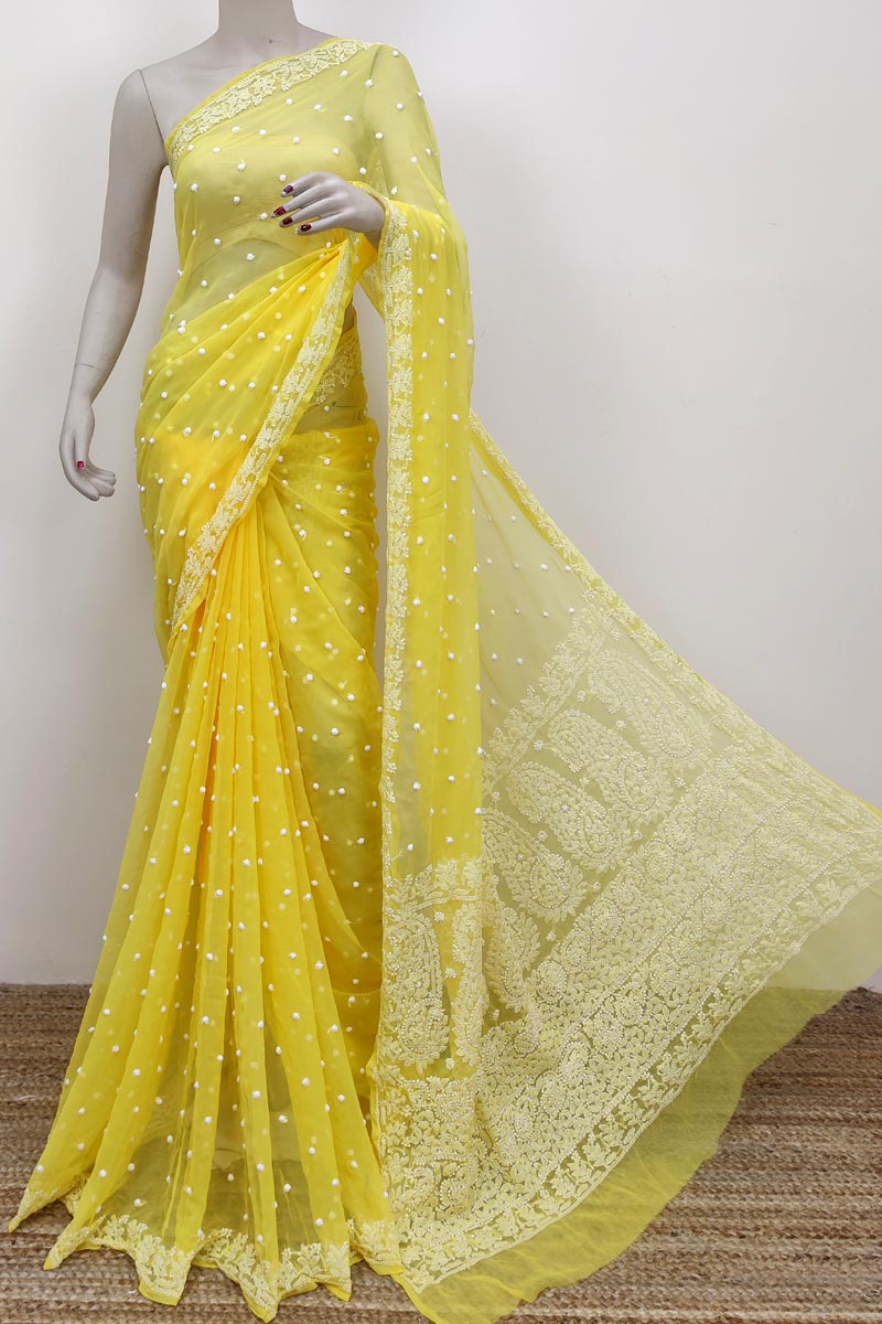 Yellow Colour Georgette Lucknowi Chikankari (Saree with Blouse) MC252569