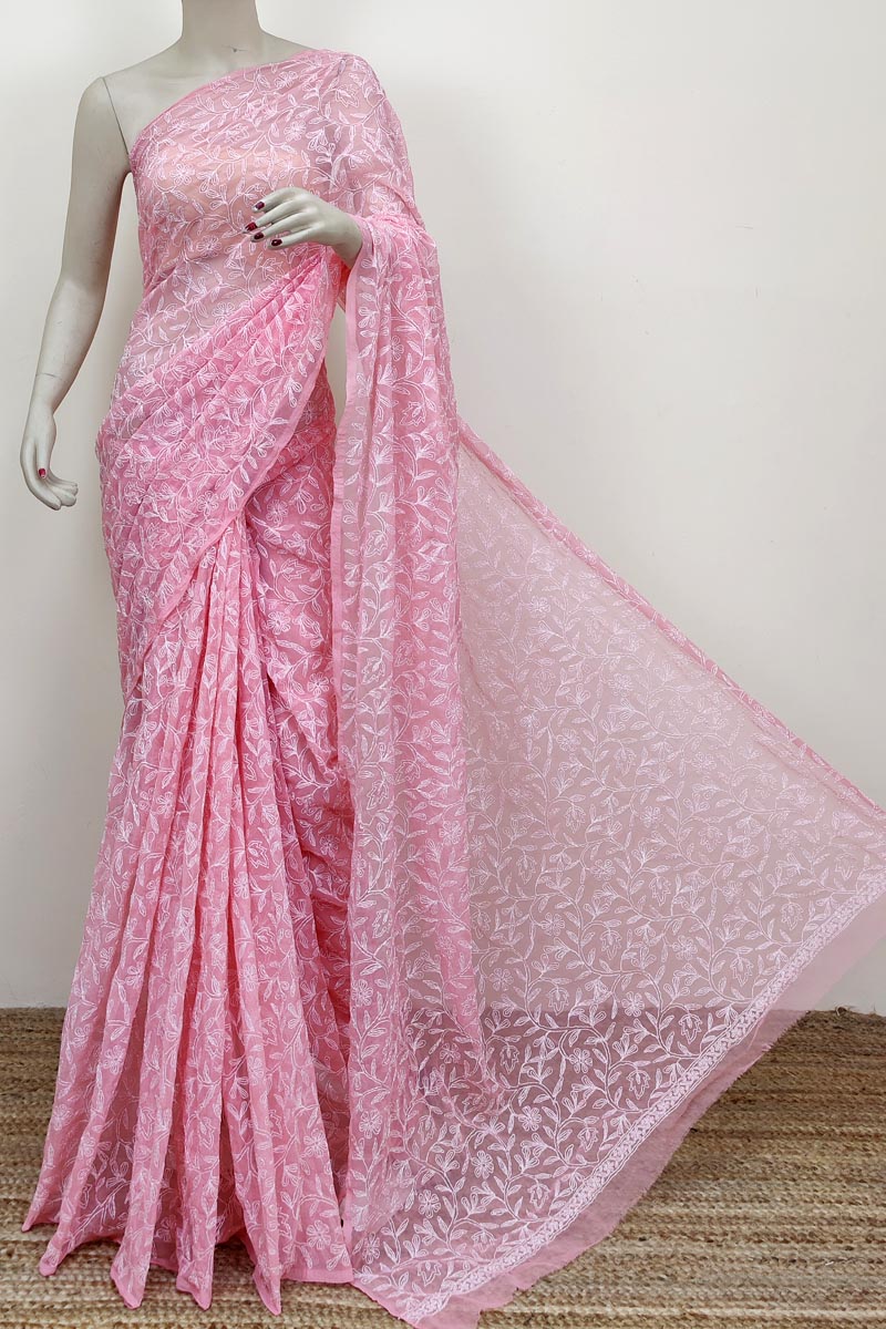 SIAZ LOOM - Pure Georgette Pastel Pink Chikankari Saree - Siaz Loom