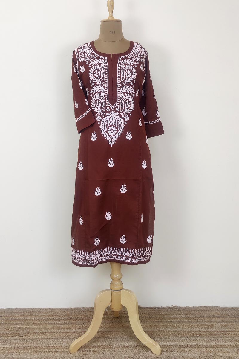 Brown Color Hand Embroidered Lucknowi Chikankari Long Kurti (cotton) Mc252446