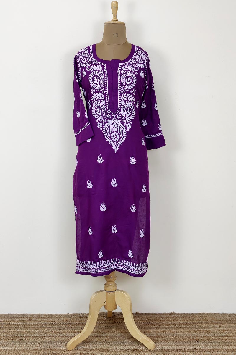 Purple Color Hand Embroidered Lucknowi Chikankari long kurti (Cotton) MC252450