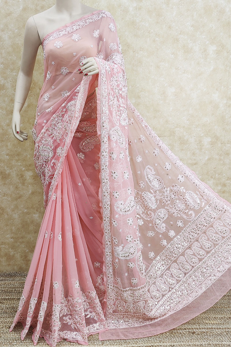 Gota Patti Georgette Saree in Peach : SJN7313