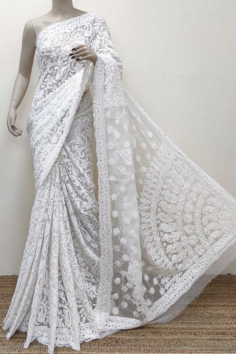 White Color Allover Hand Embroidered Lucknowi Chikankari Saree (With Blouse - Georgette) MC252812