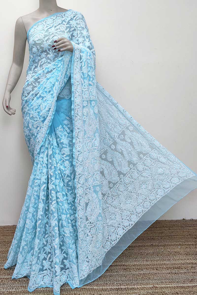 Blue Color Allover Hand Embroidered Lucknowi Chikankari Saree (With Blouse - Georgette) MC252813