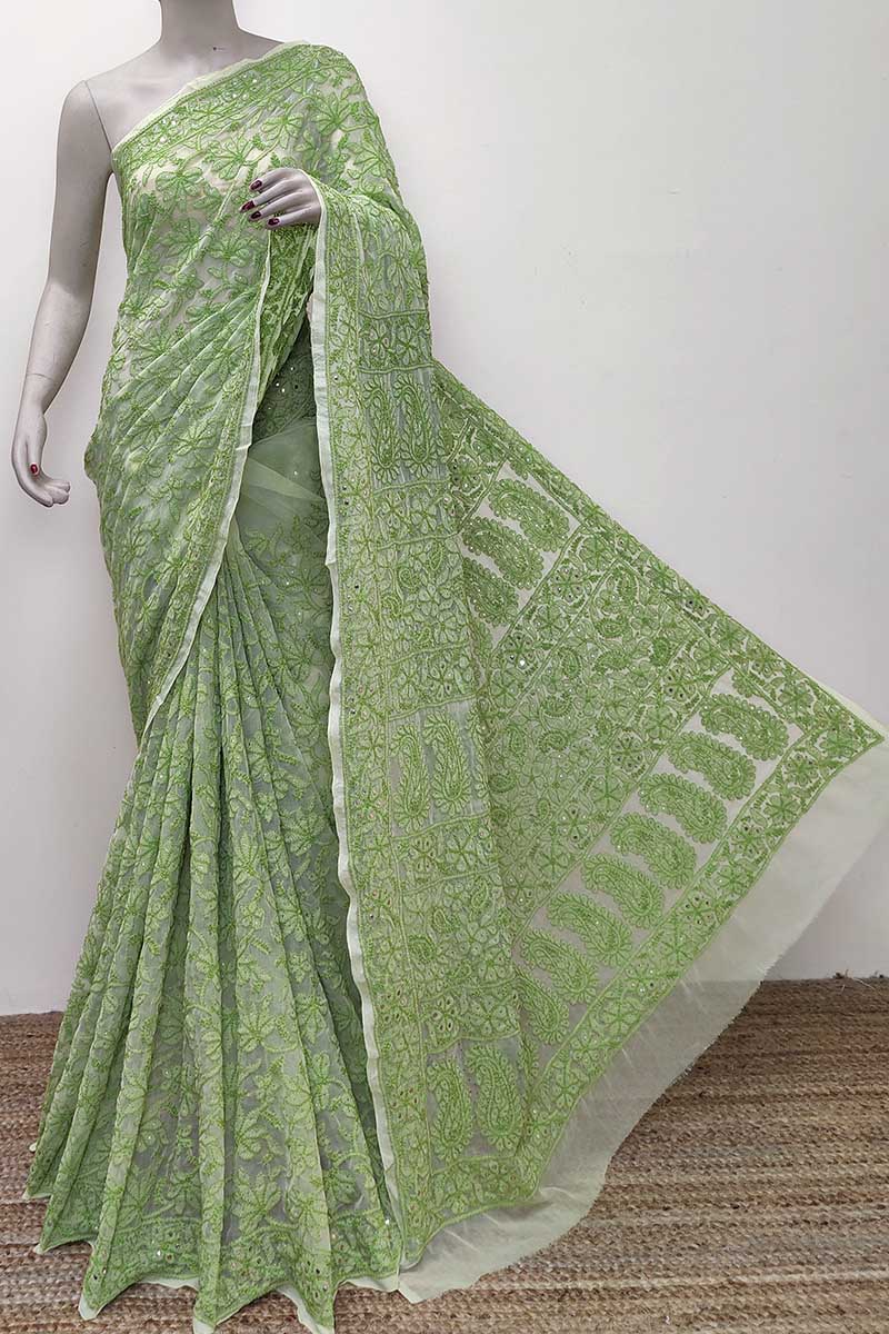 Green Color Allover Hand Embroidered Lucknowi Chikankari Saree with mukaish work (With Blouse - Georgette) MC252815