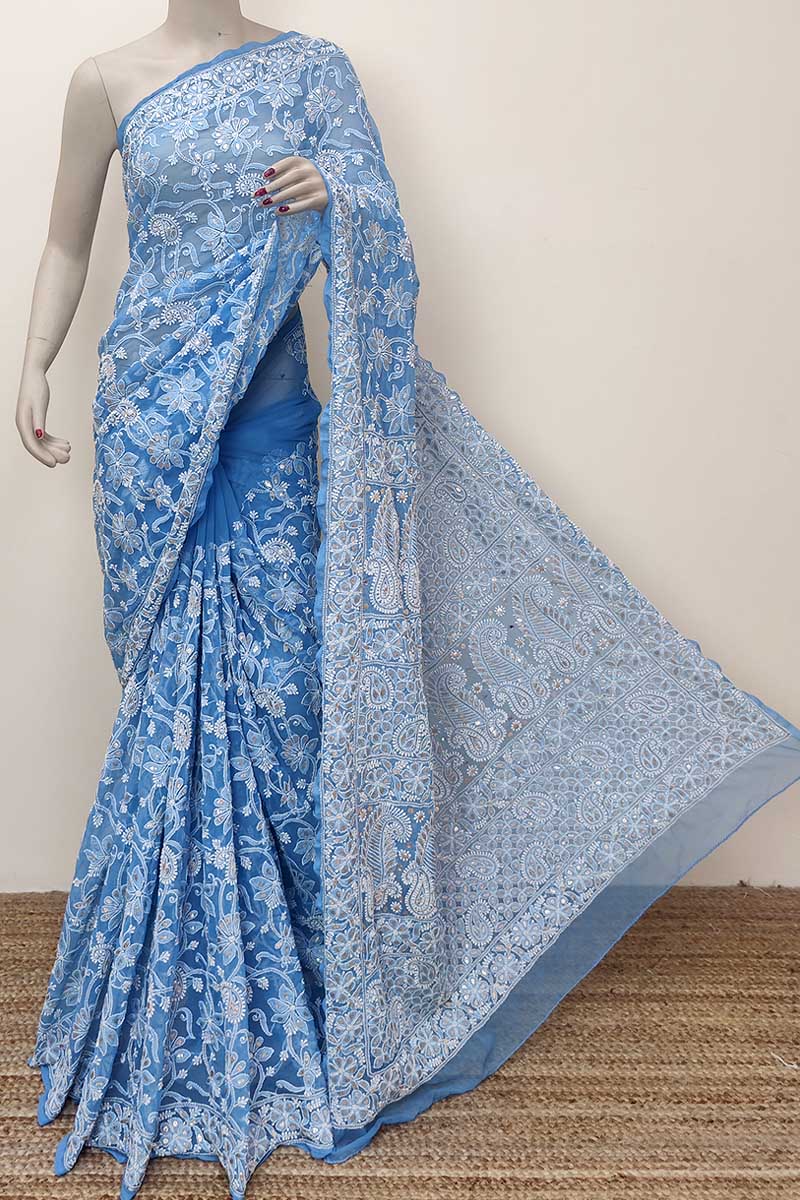 Teel Blue Color Allover Hand Embroidered Lucknowi Chikankari Saree with Gota Patti work (With Blouse - Georgette) MC252816