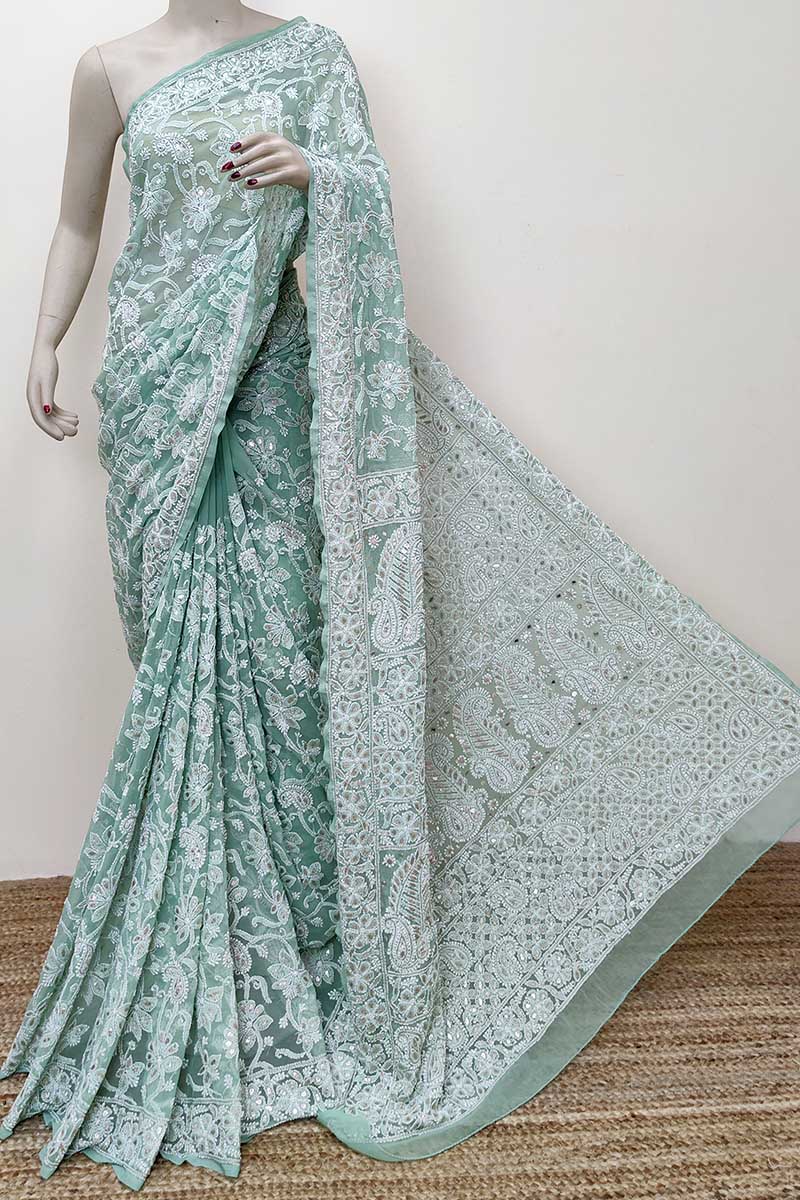 Pista Green Color Allover Hand Embroidered Lucknowi Chikankari Saree with Gota Patti work (With Blouse - Georgette) MC252817