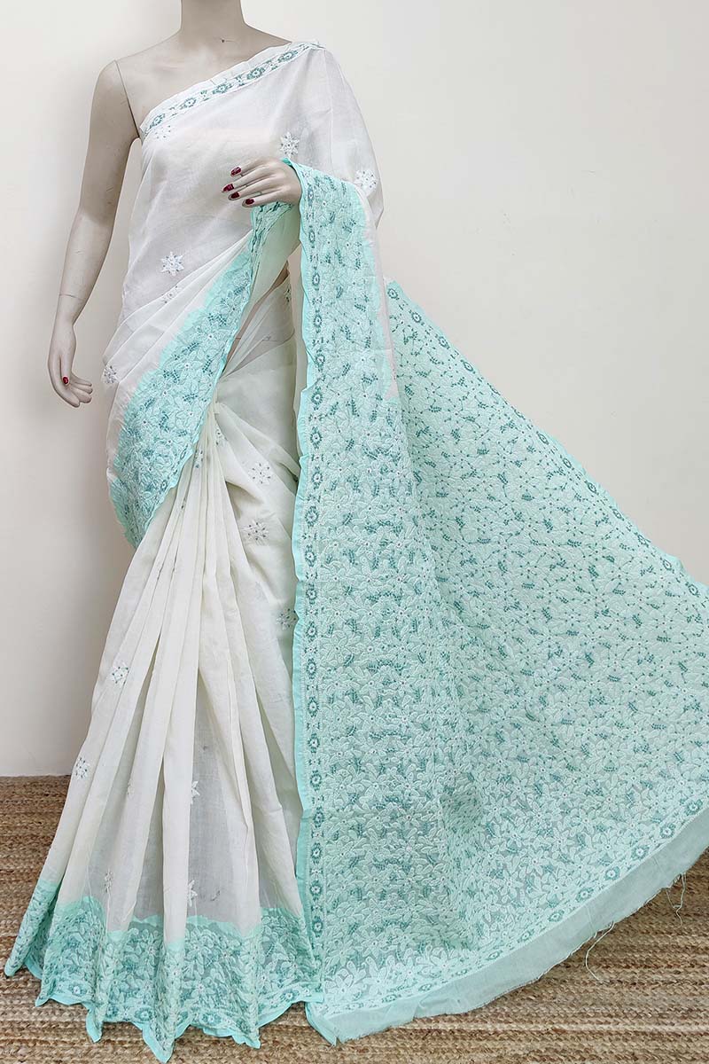 off-white and sea green Color Hand Embroidered Cotton Lucknowi Chikankari Saree with Daraz work (with Blouse) MC252910