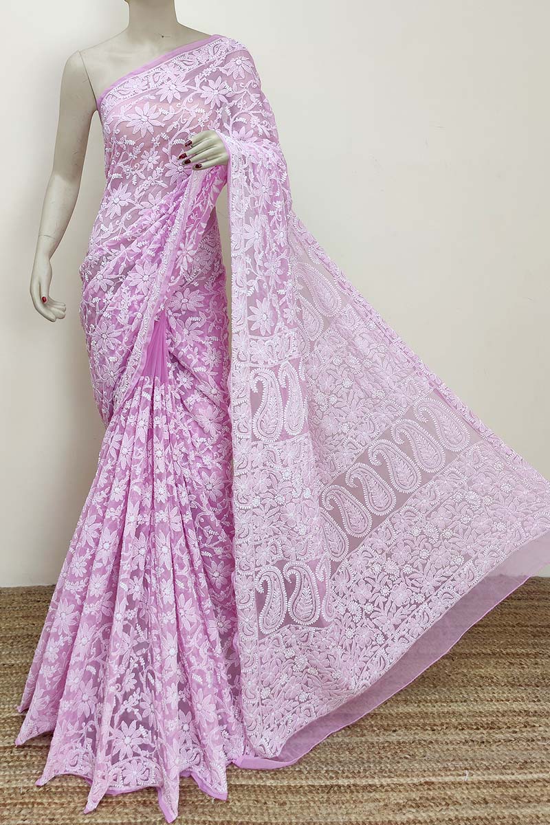 Light Onion Color Allover Hand Embroidered Lucknowi Chikankari Saree (With Blouse - Georgette) MC252913