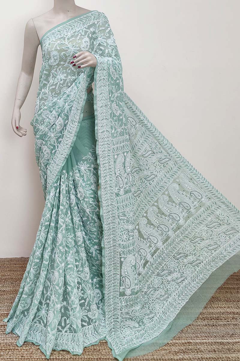 Green Color Allover Hand Embroidered Lucknowi Chikankari Saree with Pearl Sequence work (With Blouse - Georgette) MC252914