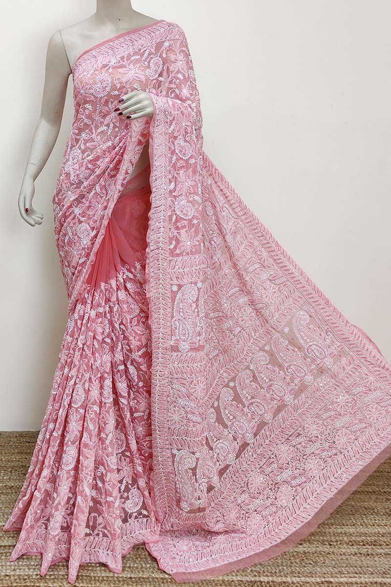 Peach Color Allover Hand Embroidered Lucknowi Chikankari Saree with Pearl Sequence work (With Blouse - Georgette) MC252918