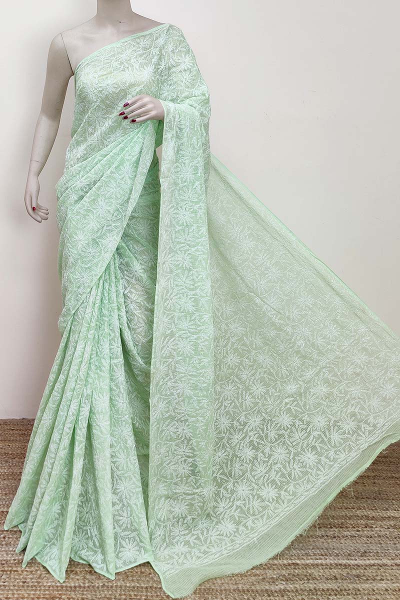 Mint color Kota cotton Hand Embroidered Tepchi Work Lucknowi Chikankari Saree (Without Blouse - Cotton) MC252919