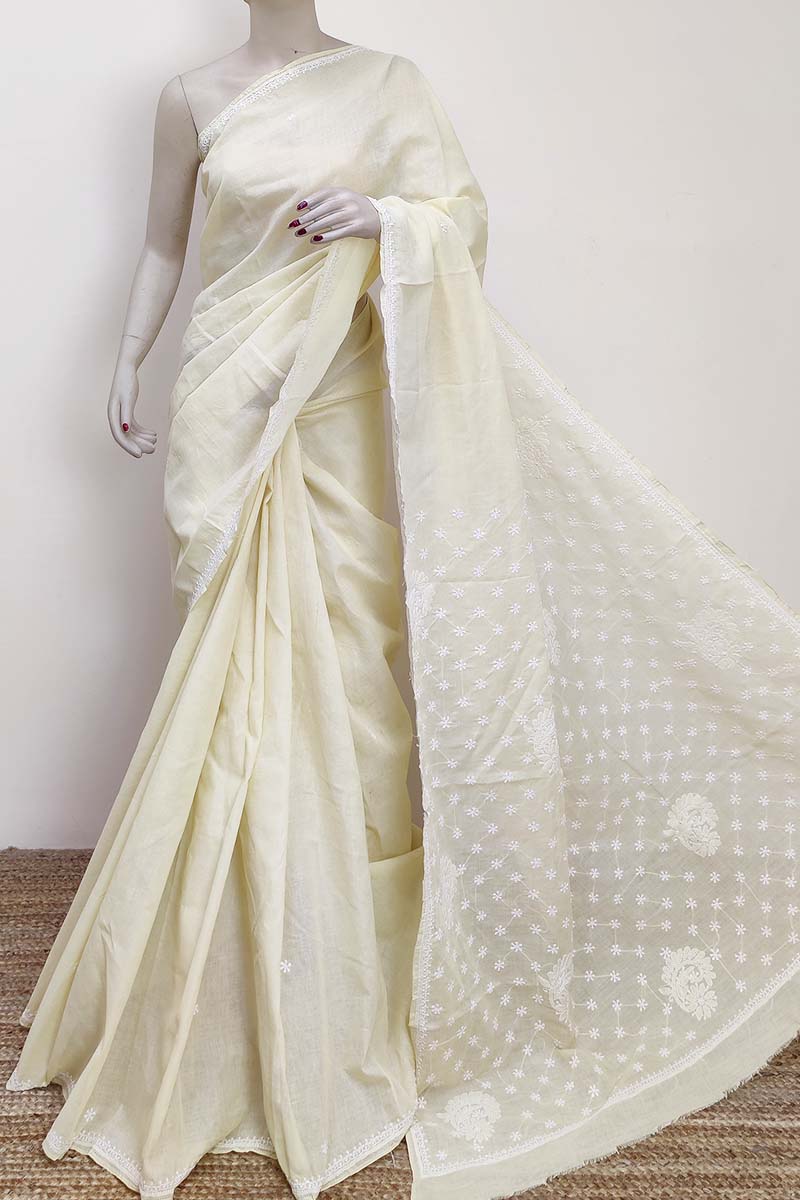 Beige Color Hand Embroidered Cotton Lucknowi Chikankari Saree (with Blouse) MC252921