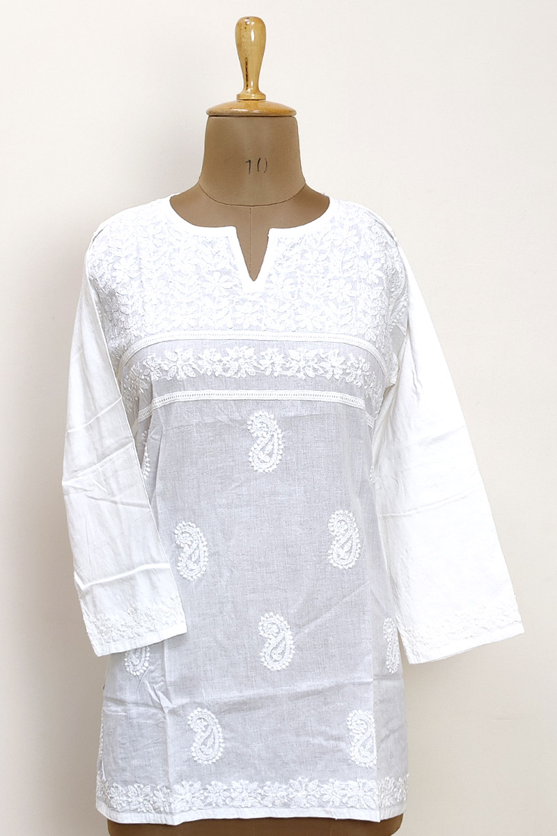 White Color Hand Embroidered Lucknowi Chikankari Short Top (cotton) Mc252470