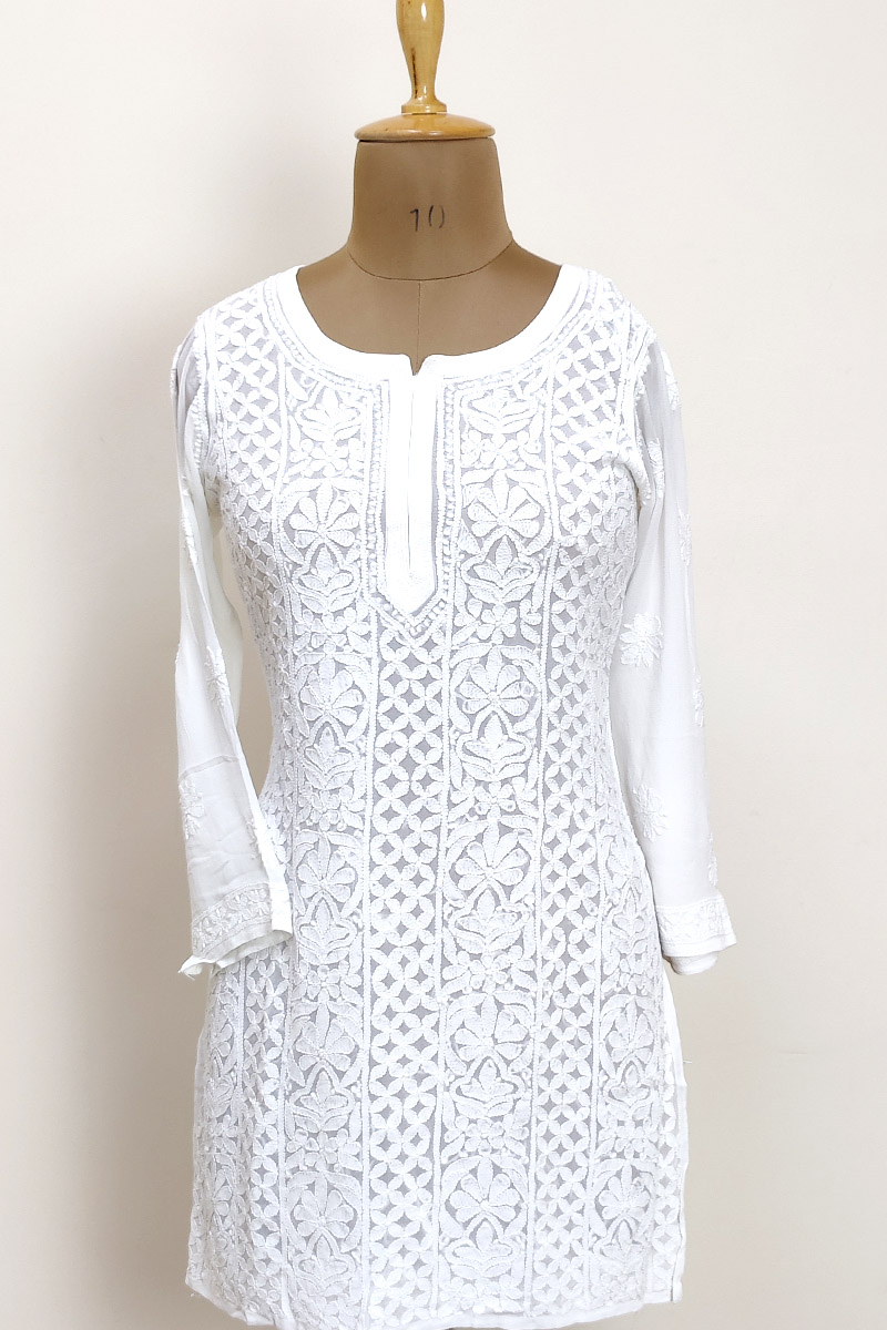 White Color Hand Embroidered Lucknowi Chikankari short top (Viscose) MC252469