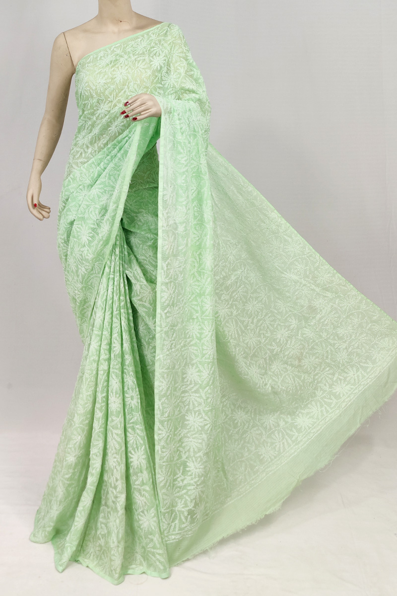 Green Colour Kota Cotton Tepchi Lucknowi Chikankari Saree Without Blouse Mc253112