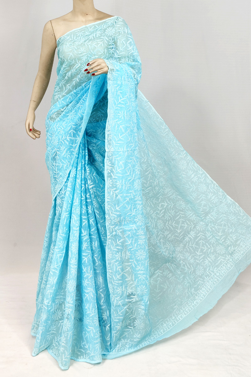 Sky Blue Colour Kota Cotton Tepchi Lucknowi Chikankari Saree Without Blouse Mc253113