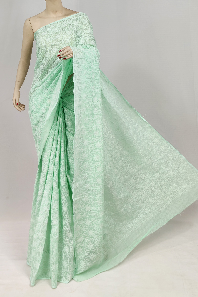 Mint Green Colour Kota Cotton Tepchi Lucknowi Chikankari Saree Without Blouse Mc253114