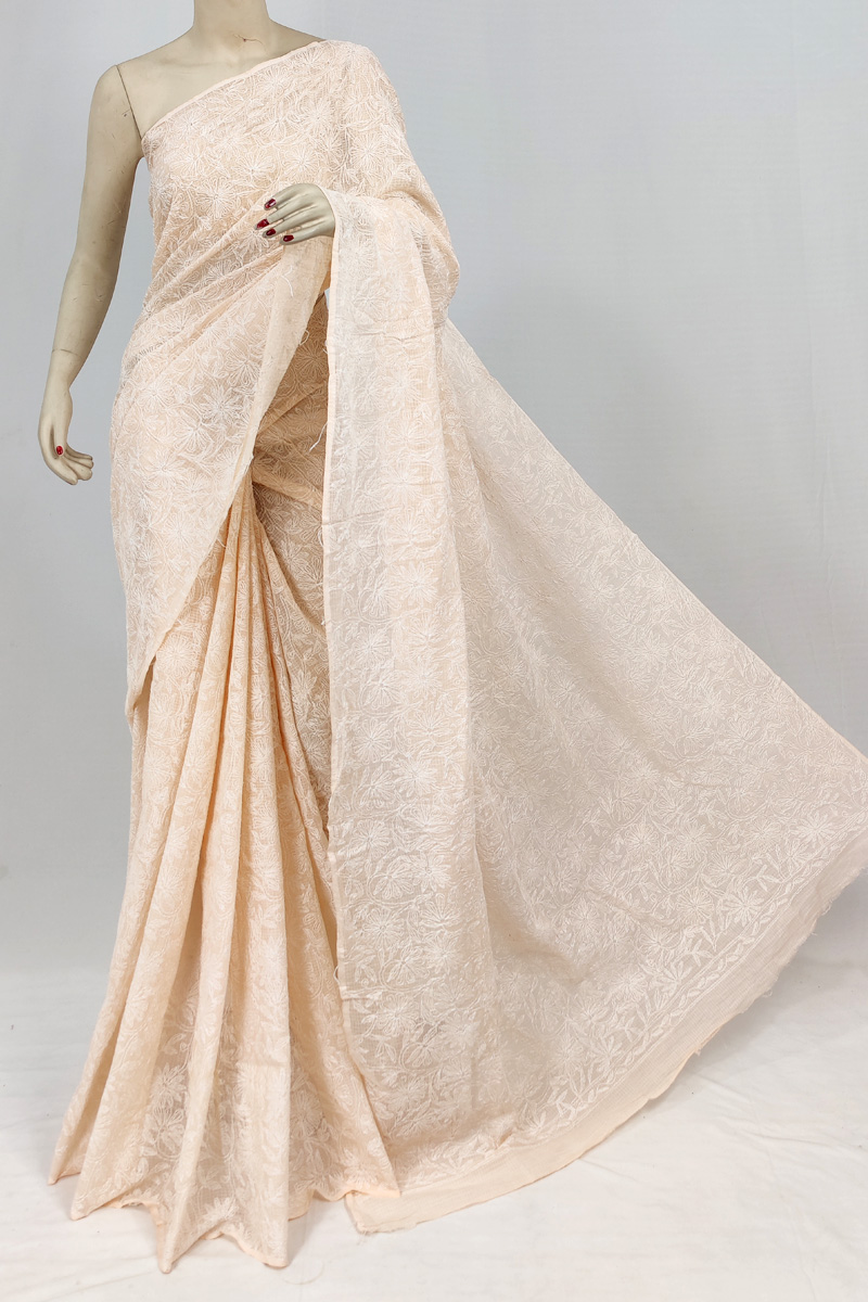 Peach Colour Kota Cotton Tepchi Lucknowi Chikankari Saree Without Blouse Mc253116