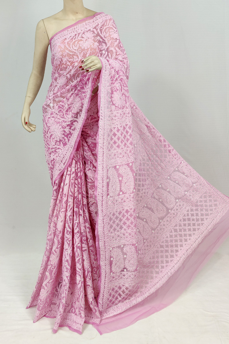 Light Onion Colour Georgette Chikankari Saree With Blouse Mc253117