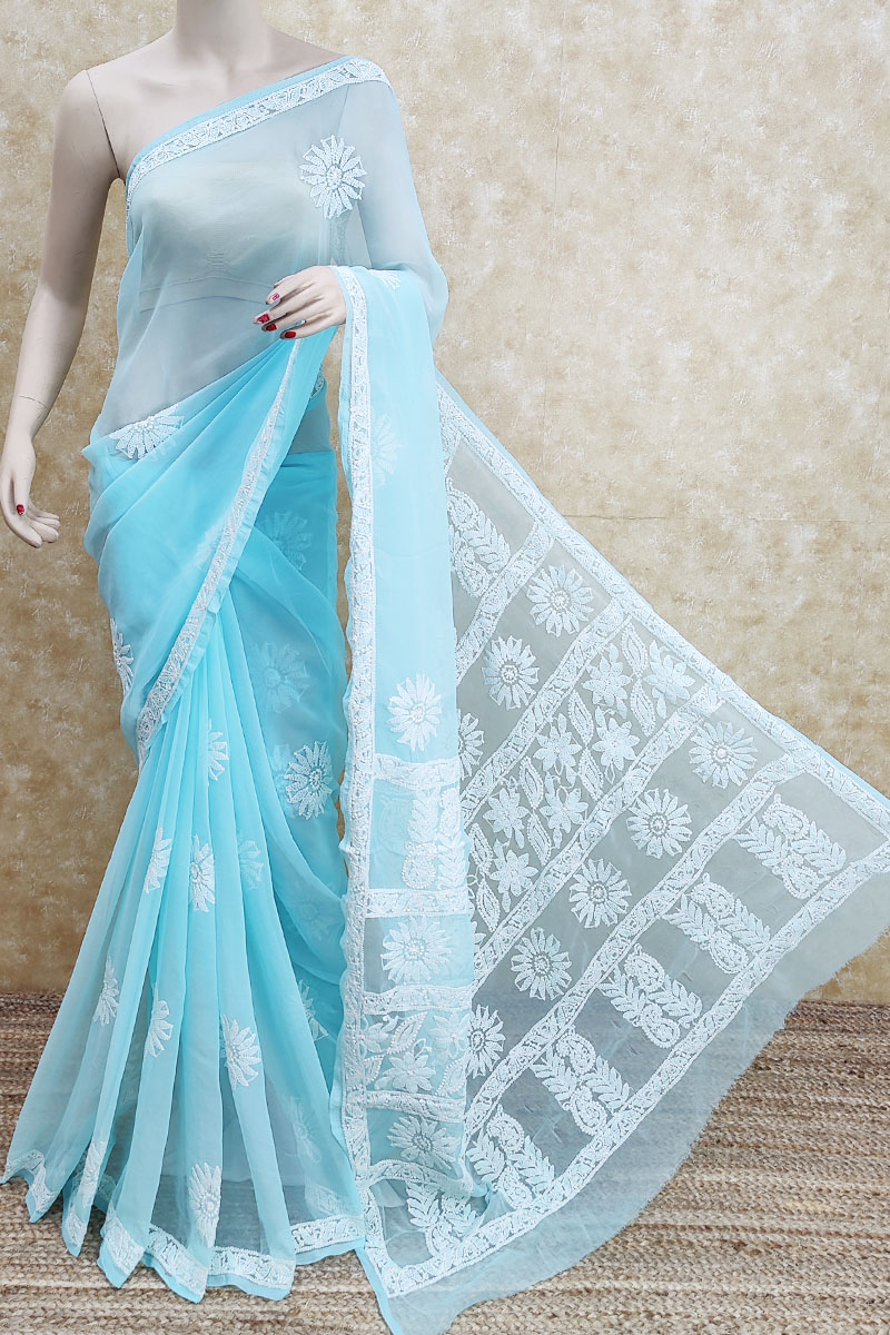 Light Sky Blue Georgette Pant Style Saree for Wedding WJ80925