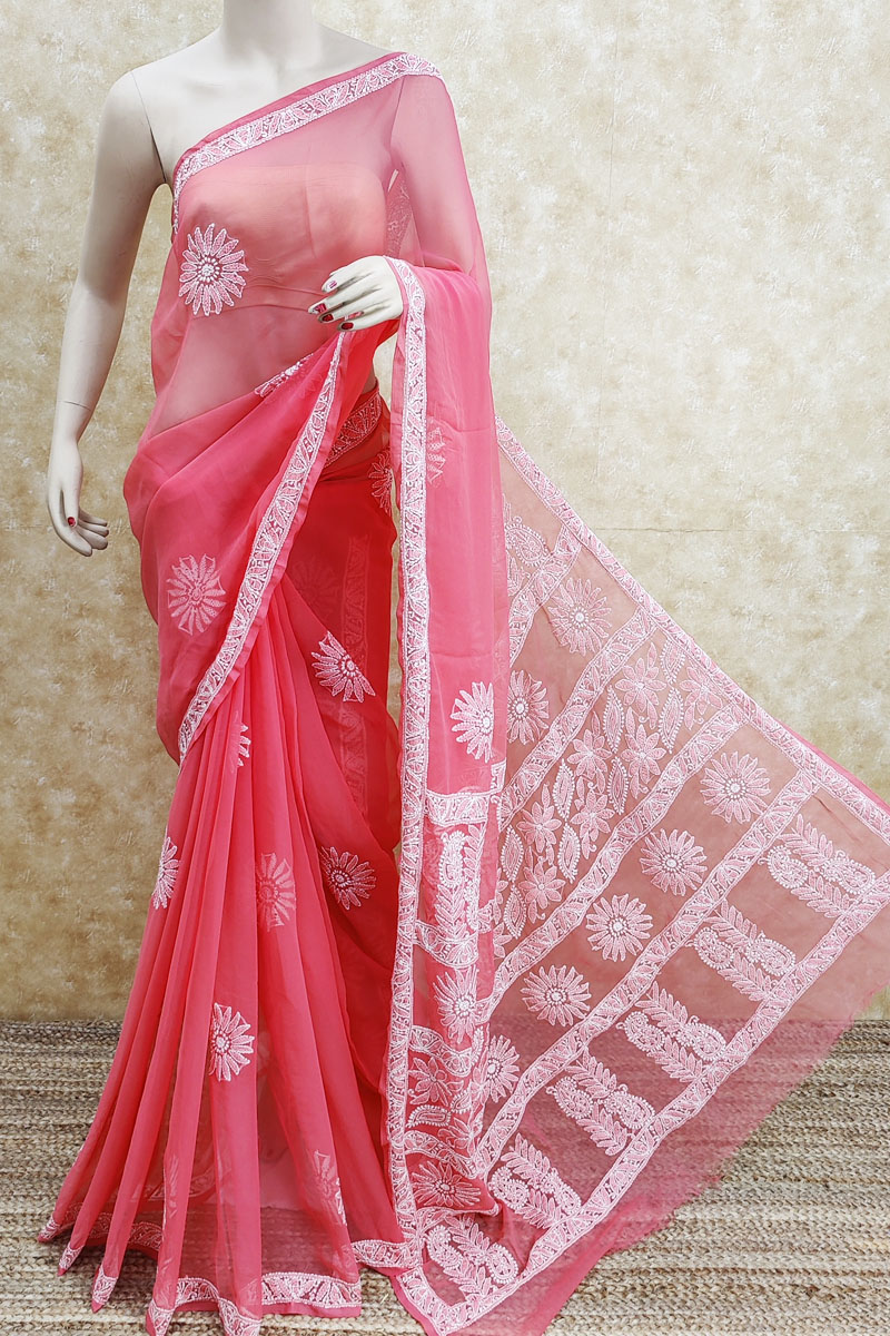 Georgette Lucknowi work Contemporary Saree in Pink