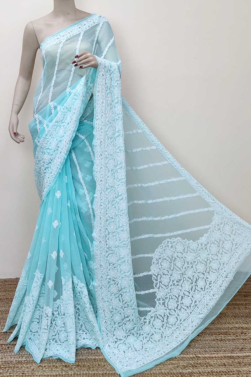 Sea Green color Designer Hand Embroidered Lucknowi Chikankari Saree (With Blouse - Georgette) MC252819