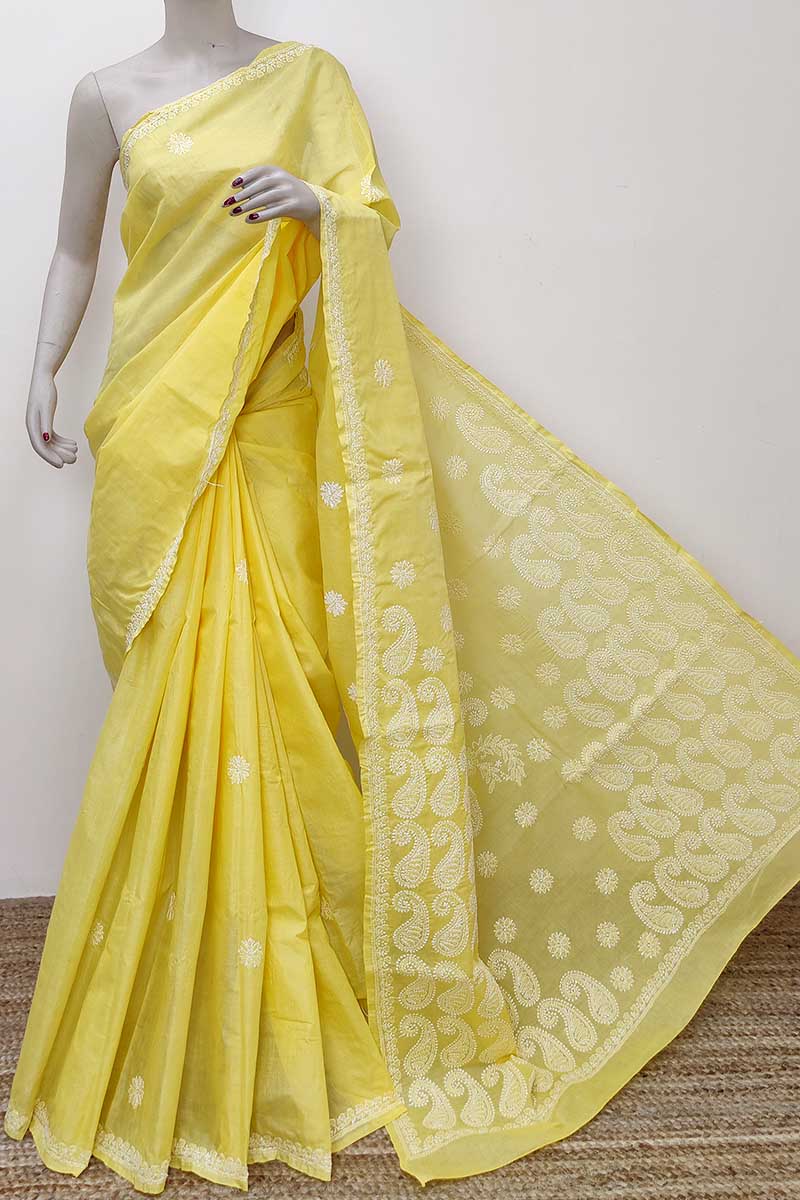 Yellow Colour Cotton Lucknowi Chikankari Saree (with Blouse) MC252820